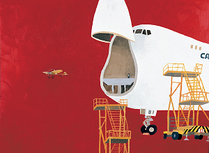 赤い背景に白い飛行機が描かれた作品画像